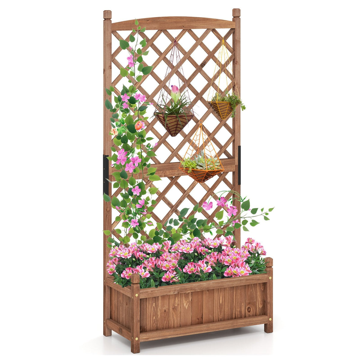 60 Inch Tall Raised Garden Bed with Diamond Lattice Trellis and Drainage Holes-Brown