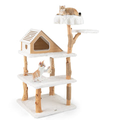 60 Inch Solid Pear Wood Cat Tree with House Condo, Two Perches and Jute Posts