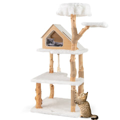 60 Inch Solid Pear Wood Cat Tree with House Condo, Two Perches and Jute Posts