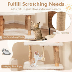 60 Inch Solid Pear Wood Cat Tree with House Condo, Two Perches and Jute Posts