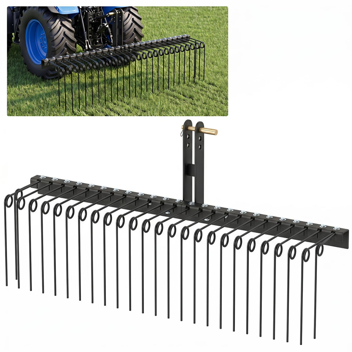 60 inch Pine Straw Rake Tow Behind Landscape Rake with 26 Metal Coil Tines-Black