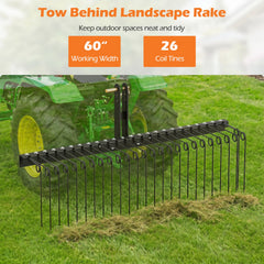 60 inch Pine Straw Rake Tow Behind Landscape Rake with 26 Metal Coil Tines-Black