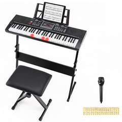 61 Key Keyboard Piano for Beginners with Stand Stool Lighted Keys-Black