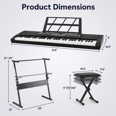 61 Key Keyboard Piano for Beginners with Stand Stool Lighted Keys-Black
