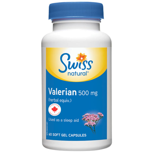 Swiss Natural - Valerian Root, 500mg | Promotes a Healthier Sleep Cycle | Valeriana Officinalis, Whole Root | Dietary Supplement | 60 Soft Gel Capsules