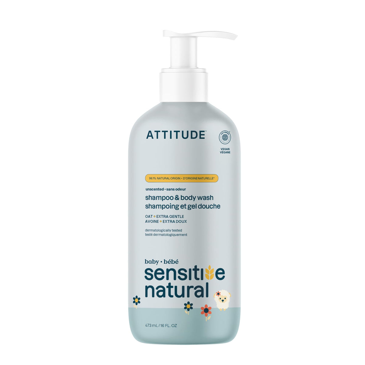 ATTITUDE Baby 2-in-1 Shampoo and Body Wash, Made in Canada, EWG Verified, Plant- and Mineral-Based Ingredients, Vegan Products for Sensitive Skin, Unscented, 473 mL