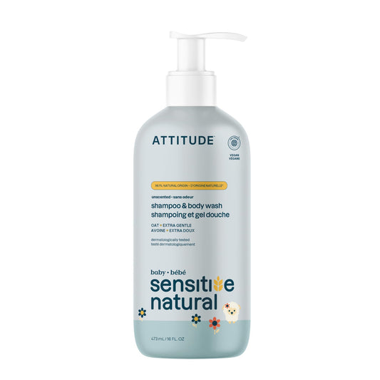 ATTITUDE Baby 2-in-1 Shampoo and Body Wash, Made in Canada, EWG Verified, Plant- and Mineral-Based Ingredients, Vegan Products for Sensitive Skin, Unscented, 473 mL
