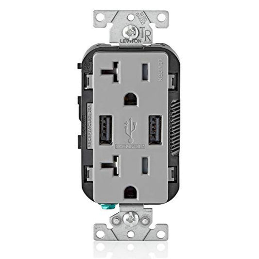 Leviton Decora USB Type A Receptacle 20 Amp, 125 Volt, Tamper-Resistant Receptacle, T5832-0GY, Grey