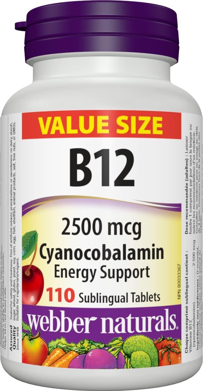 Webber Naturals Vitamin B12 Cyanocobalamin 2,500 mcg, Quick Dissolve, 110 Tablets, Supports Energy Production and Metabolism, Gluten Free, Non-GMO, Vegan