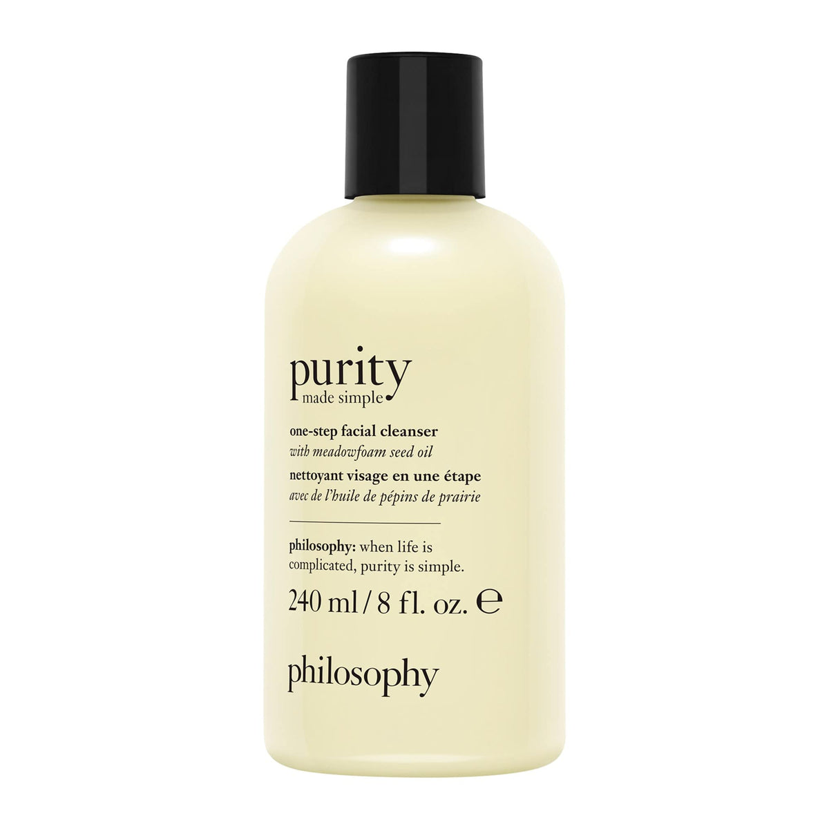 philosophy purity made simple one-step facial cleanser, gentle, respects skin's barrier, skin is soft, conditionned & fresh, removes make-up,240ml