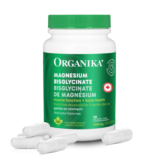 Organika Canadian-Made Magnesium Bisglycinate - 200mg, High Absorption, Muscle Recovery, Heart Support, 120vcaps
