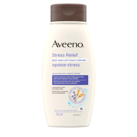 Aveeno Stress Relief Body Wash with Nourishing Oat & Lavender Scent for Sensitive Skin, Gently Cleanses & Helps You Feel Calm & Relaxed in the Shower, Soap-Free, 532 mL