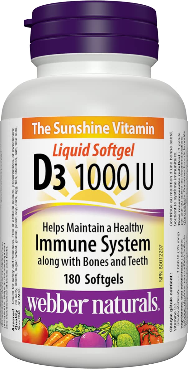 Webber Naturals Vitamin D3 1,000 IU, 180 Softgels, For Healthy Bones, Teeth, and the Maintenance of Good Health, Gluten and Diary Free, Non-GMO