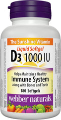 Webber Naturals Vitamin D3 1,000 IU, 180 Softgels, For Healthy Bones, Teeth, and the Maintenance of Good Health, Gluten and Diary Free, Non-GMO