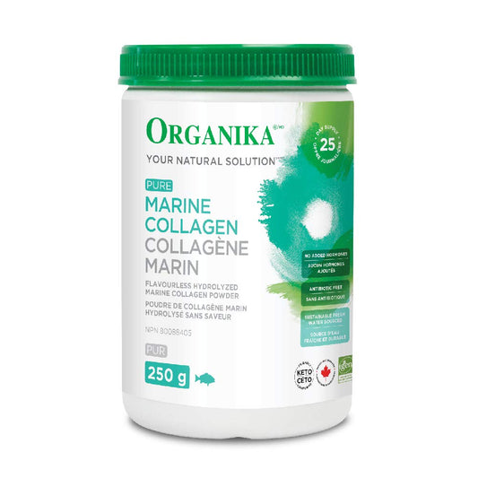 Organika Canadian-Made Marine Collagen Powder- Wild-Caught from North Atlantic- Supports Hair, Nail, Skin Health, Pure Hydrolyzed Form, Tasteless - 250g