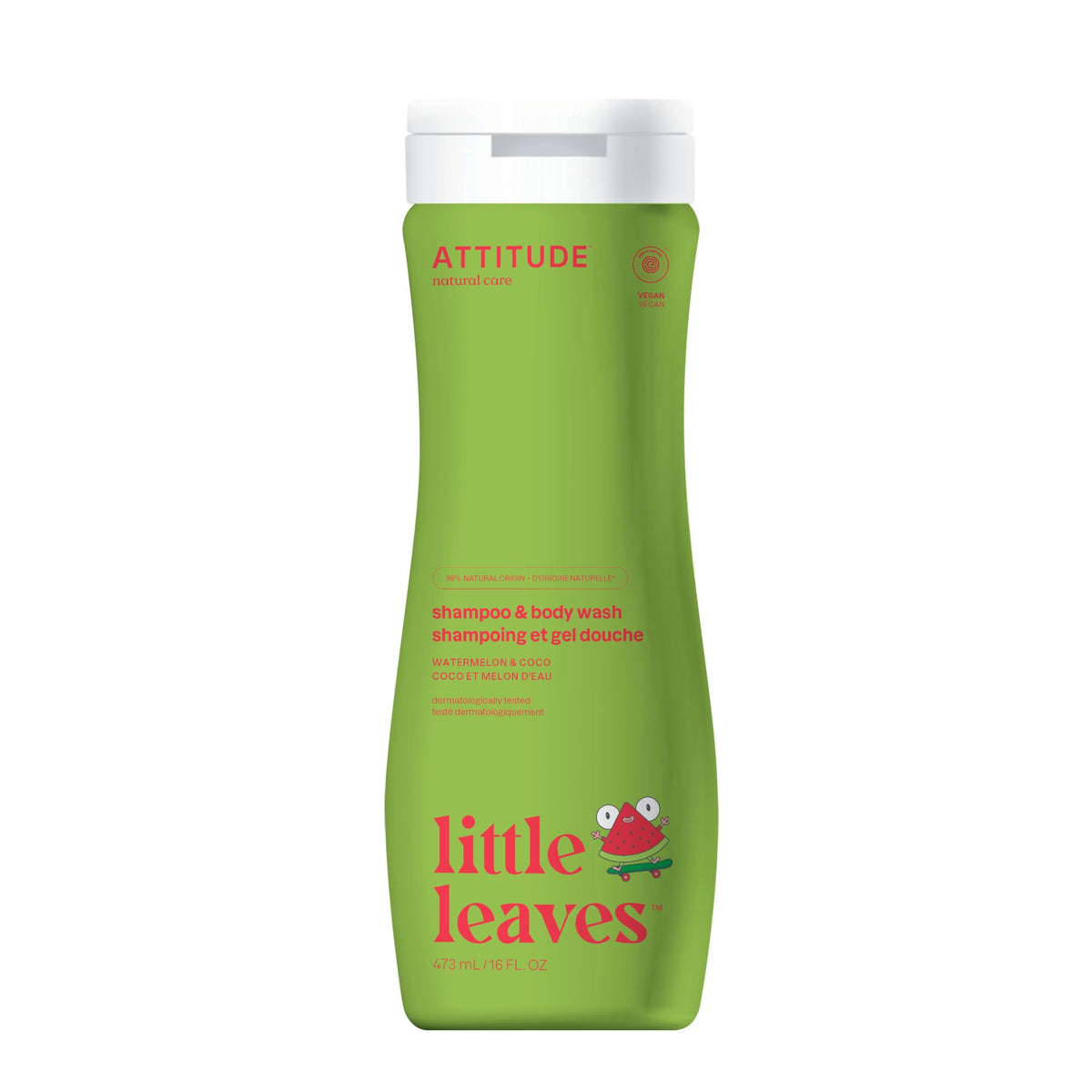 ATTITUDE Shampoo and Body Wash for Kids, Made in Canada, EWG Verified, Dermatologically Tested, Plant- and Mineral-Based Ingredients, Vegan, Watermelon and Coco, 473 mL