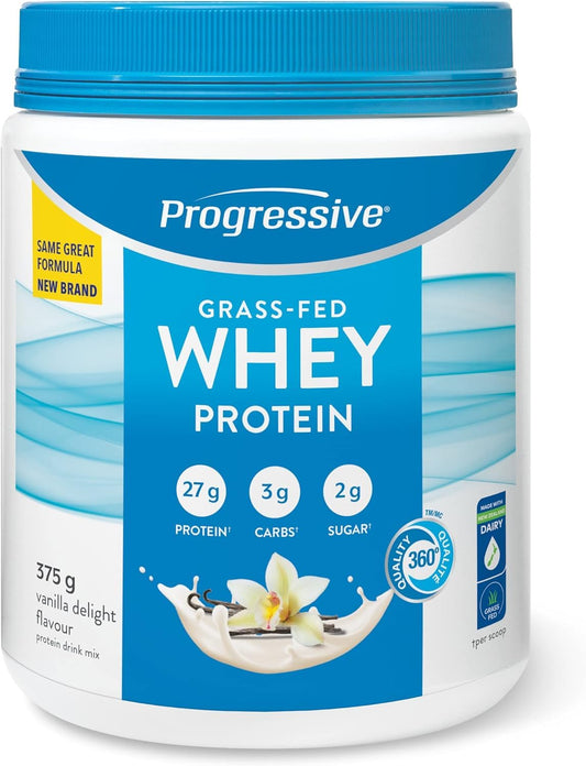 Progressive Grass-Fed 100% Whey Protein Powder Vanilla, 27g of New Zealand Whey Concentrate per Scoop for Muscle Gain, Pasture-Raised, Non-GMO, Canadian-Made Antibiotic-free, Hormone-free, 375 g