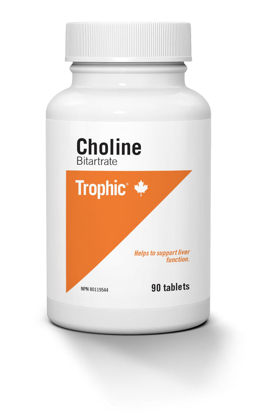 Trophic Choline (from Choline Bitartrate) - 90 tablets. Promotes healthy liver function. Helps to emulsify fats and cholesterol. Plays a critical role in memory function. Necessary for the synthesis of acetylcholine.