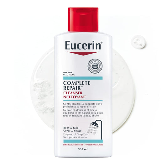 EUCERIN Complete Repair Body and Face Cleanser, Dry Skin Cleanser, Unscented Body Wash and Face Wash, pH-Balanced, Soap-Free, Non-Greasy, Dermatological Skin Care, 500mL