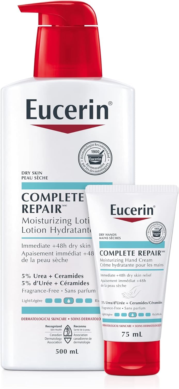 EUCERIN Complete Repair Moisturizing Lotion + Hand Cream Duo Pack With 5% Urea and Ceramides, Fragrance Free, Moisturizing Body Lotion for Dry Skin, 500mL + Moisturizing Hand Cream for Dry Hands, 75mL