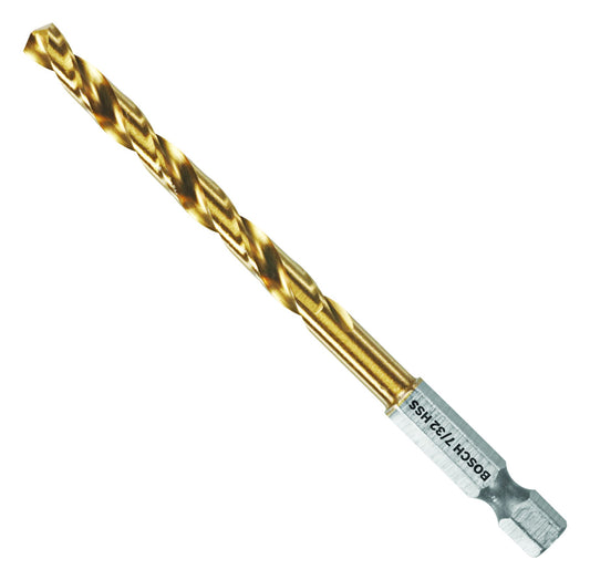 BOSCH TI2141IM 1-Piece 7/32 in. x 3-3/4 in. Titanium Nitride Coated Metal Drill Bit Impact Tough with Impact-Rated Hex Shank Ideal for Heavy-Gauge Carbon Steels, Light Gauge Metal, Hardwood
