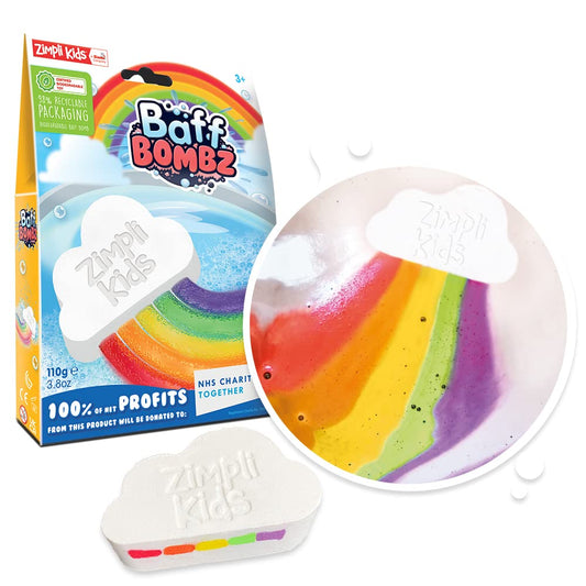Zimpli Kids Baff Bombz - Rainbow Cloud, Pack of 1 Bath Bomb! Cloud Shaped with a Rainbow Surprise! Biodegradable and Vegan Friendly!