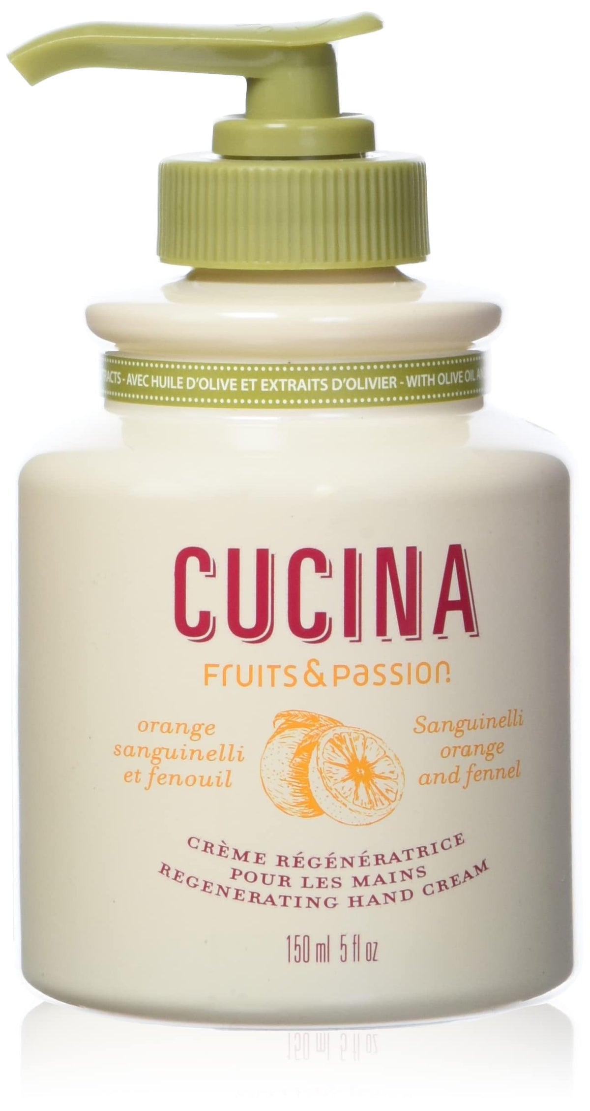 Cucina Regenerating Hand Cream by Fruits and Passion, Sanguinelli Orange and Fennel, With Olive Oil, Pump Bottle, 150 mL, Made in Canada