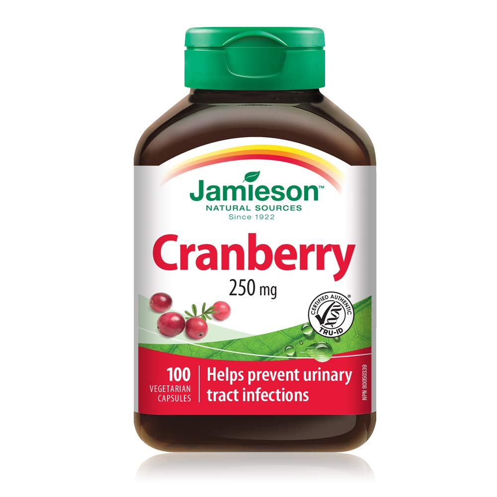 Jamieson Cranberry 250 mg Capsules, One Per Day, Provides UTI Protection. Vegetarian, Non-GMO, Gluten-Free, No Artificial Colours, Flavours, 100 Count, Proudly Canadian