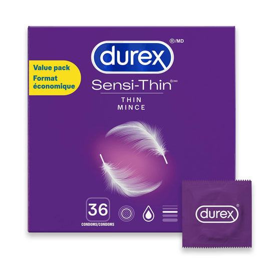 DUREX Sensi-Thin Extra Lubricated Condoms, Ultra-Thin Premium Quality Latex Condoms for Enhanced Sensitivity and Comfort, Large Fit with 56mm Nominal Width, 36 Count