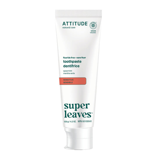 ATTITUDE Fluoride-Free Toothpaste, Made in Canada, Plant- and Mineral-Based Ingredients, Vegan, Cruelty-Free and Sugar-Free, Sensitive, Spearmint, 120 grams