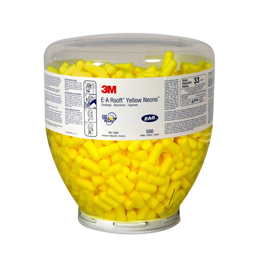 3M Ear Plugs, 500 Pairs/Refill Bottle for One Touch Dispenser, E-A-Rsoft Yellow Neons 391-1004, Uncorded, Disposable, Foam, NRR 33, Drilling, Grinding, Machining, Sawing, Sanding, Welding