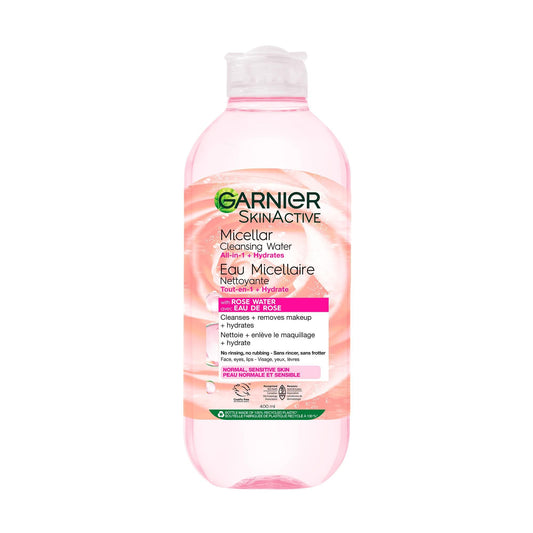 Garnier Micellar Cleansing Water, All-In-One Hydrating Makeup Remover, Face Cleanser With Rose Water & Glycerin, Hypoallergenic, Sensitive to Dry Skin, 400ml