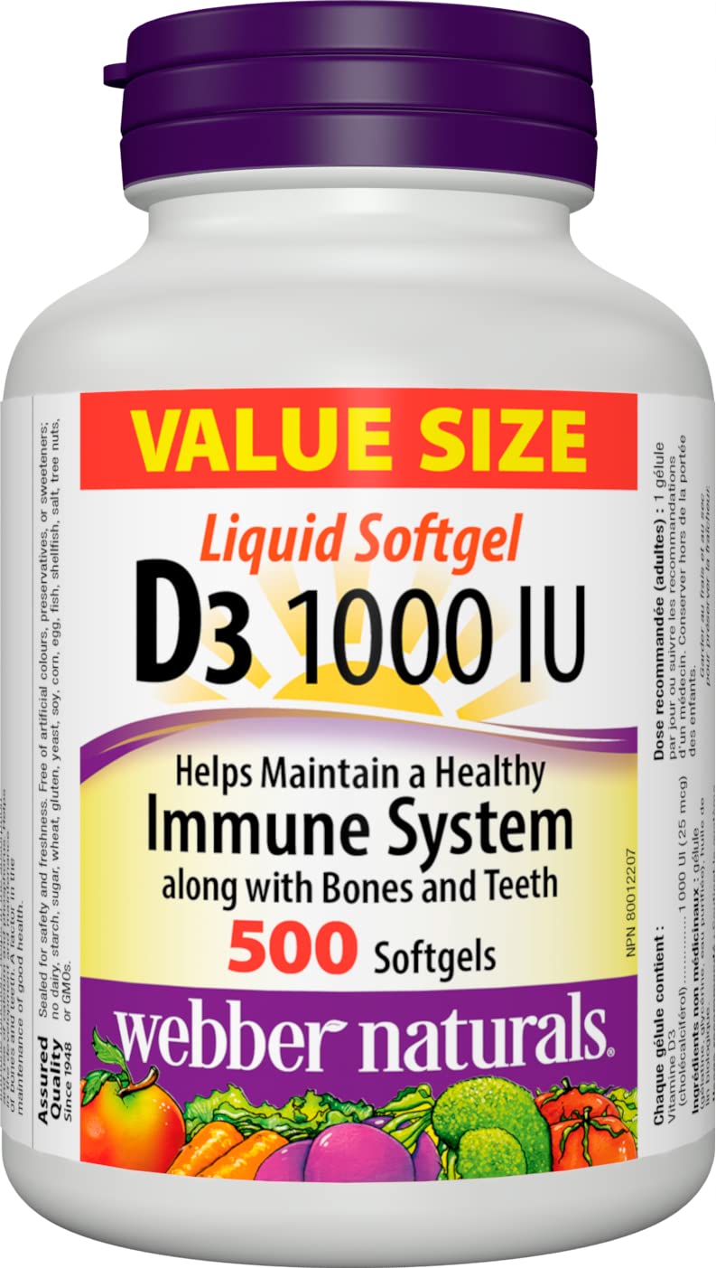 Webber Naturals Vitamin D3 1000 IU, 500 Softgels, For Healthy Bones, Teeth, and the Maintenance of Good Health