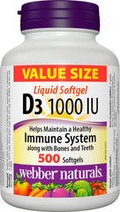 Webber Naturals Vitamin D3 1000 IU, 500 Softgels, For Healthy Bones, Teeth, and the Maintenance of Good Health