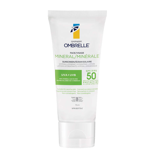 Garnier Ombrelle Mineral Face Sunscreen Lotion SPF 50 with Hyaluronic Acid, Hypoallergenic, Non-comedogenic, Fragrance Free, 75 ml
