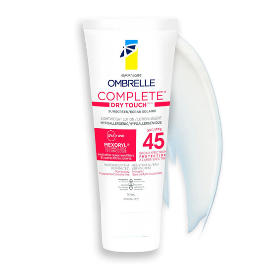 Garnier Ombrelle Complete Dry Touch Sunscreen Lotion, SPF 45, For Face & Body, For Sensitive Skin, Water-Resistant, Non-Greasy, Non-Sticky, Hypoallergenic, Fragrance-Free, High Broad Spectrum UVA/UVB Protection, 90ml