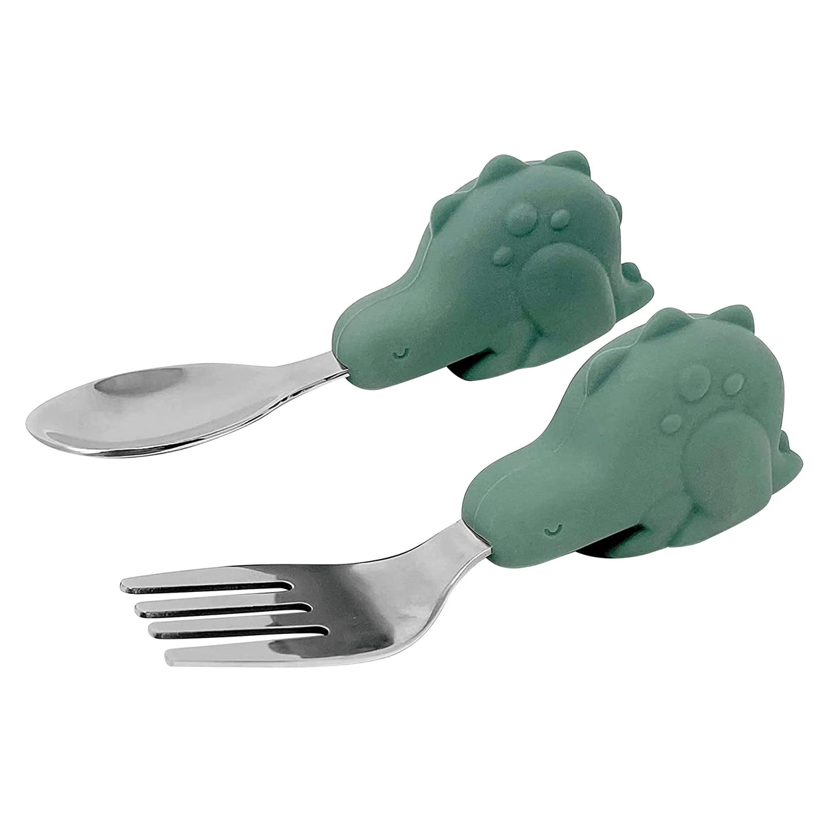 Tiny Twinkle Easy Grip Toddler Utensils Spoon and Fork Set - BPA & Phthalate Free Utensil Sets, Kids Silverware with Silicone Handle, Baby Led Weaning Supplies for 12 Months & Up, Olive Dinosaur