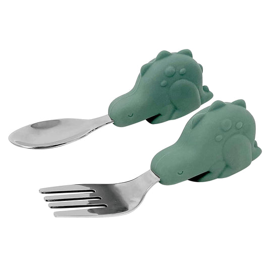 Tiny Twinkle Easy Grip Toddler Utensils Spoon and Fork Set - BPA & Phthalate Free Utensil Sets, Kids Silverware with Silicone Handle, Baby Led Weaning Supplies for 12 Months & Up, Olive Dinosaur