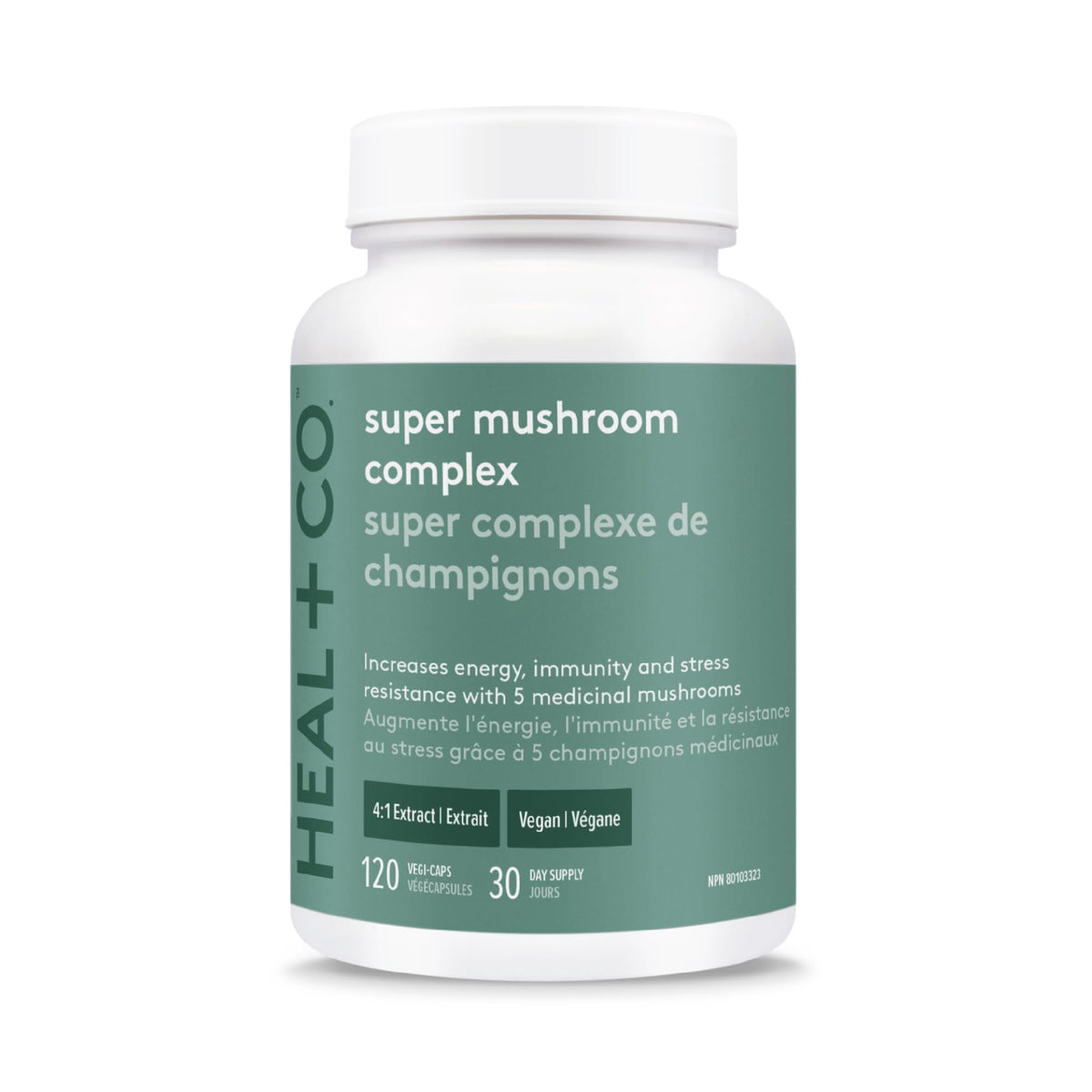 HEAL + CO. Super Mushroom Complex | Energy + Immune Support Supplement | 5 Potent Mushroom Extracts - Chaga + Lion’s Mane + Turkey Tail + Reishi + Cordyceps | 120 x 500 mg Capsules