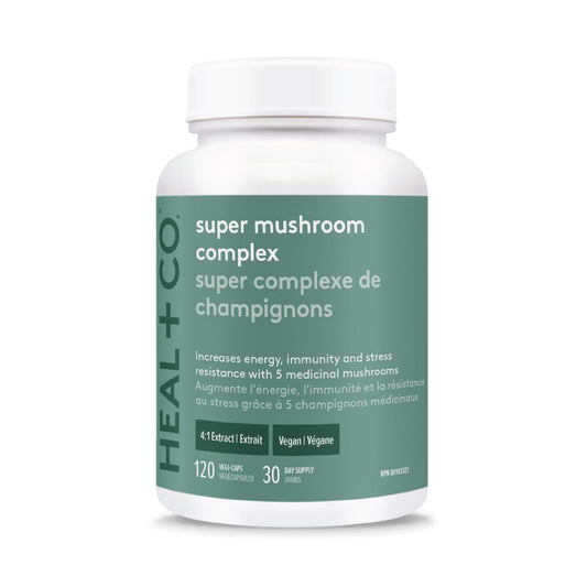 HEAL + CO. Super Mushroom Complex | Energy + Immune Support Supplement | 5 Potent Mushroom Extracts - Chaga + Lion’s Mane + Turkey Tail + Reishi + Cordyceps | 120 x 500 mg Capsules