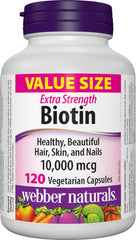 Webber Naturals Biotin Extra Strength, 10,000 mcg of Biotin Per Capsule, 120 Capsules, Supports Healthy Hair, Skin & Nails, Vegan
