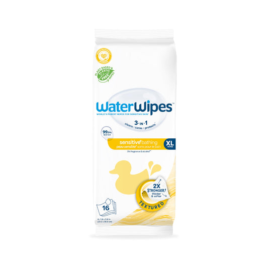 WaterWipes XL Bathing Wipes for Toddlers & Babies, 99.9% Water, 3-In-1 Cleans, Cares, Protects, Unscented & Hypoallergenic, 16 Count (1 Pack), Packaging May Vary