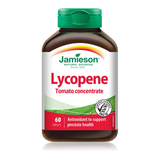 Jamieson Lycopene 10 mg with Tomato Concentrate 100 mg, Powerful Antioxidant, and Supports Prostate Health. Gluten-Free, Lactose-Free, No Artificial Colours or Flavours, 60 Vegetarian Caplets, Proudly Canadian