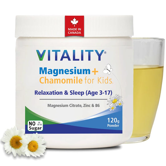 VITALITY Magnesium + Chamomile for Kids & Teens (Ages 3-17) Sugar-Free Drink Powder for natural, restful sleep, Canadian Made, Third-Party Tested, Up to 120 Servings
