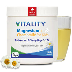 VITALITY Magnesium + Chamomile for Kids & Teens (Ages 3-17) Sugar-Free Drink Powder for natural, restful sleep, Canadian Made, Third-Party Tested, Up to 120 Servings