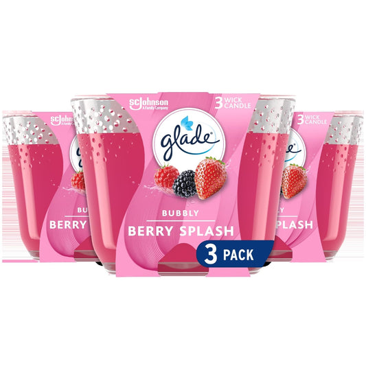 Glade Scented Candle, Bubbly Berry Splash, 3-Wick Candle, Air Freshener Infused with Essential Oils for Home Fragrance, 3 Count
