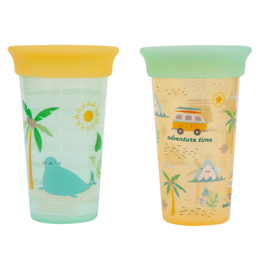 TOMY The First Years Sip Around Spoutless Cup - 2 Cups in 1: Spoutless for 360 Degrees of Sipping & Converts to Big Kid's Open Cup 2PK, Pink/Purple (Y6780A1)
