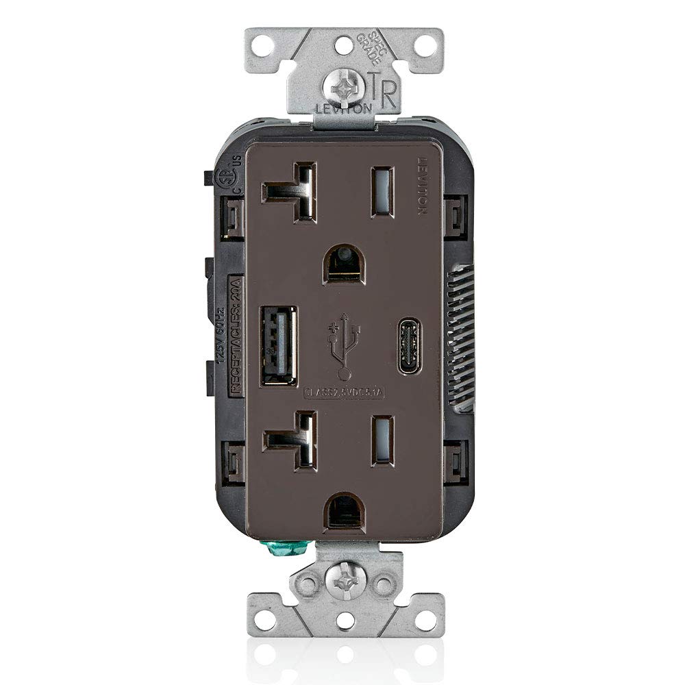 Leviton USB Type A-C Receptacle, 20 Amp, Tamper-Resistant, T5833-00B, Brown