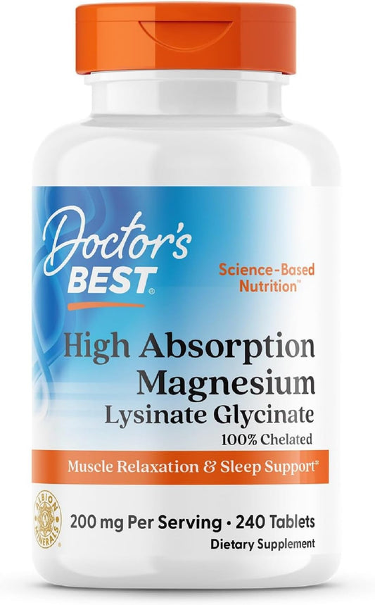 Doctor’s Best High Absorption Magnesium Glycinate Lysinate Supplement - 100% Chelated for Maximum Absorption - Magnesium for Sleep and Muscle Relaxation - 200 Mg Per Serving - 240 Tablets