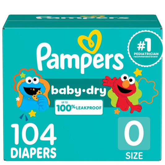 Pampers Baby Dry Diapers Newborn - Size 0, 104 Count, Absorbent Disposable Diapers